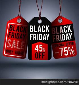 Black friday shopping vector background with paper sale price tags. Sale label and special offer price illustration. Black friday shopping vector background with paper sale price tags
