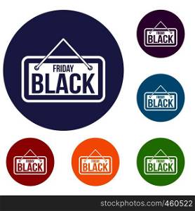 Black Friday signboard icons set in flat circle reb, blue and green color for web. Black Friday signboard icons set