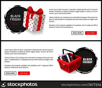 Black Friday sites samples, hot November total sale event with discounts. Price tags with shopping cart and gift box vector web page template, text. Black Friday Sites Samples Hot November Total Sale