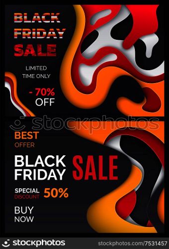 Black friday special discount, percent offer vector. Limited time, reduction half of price, autumn sellout shops. Clearance deal, seasonal bargain. Banners. Black Friday Special Discount, Percent Offer