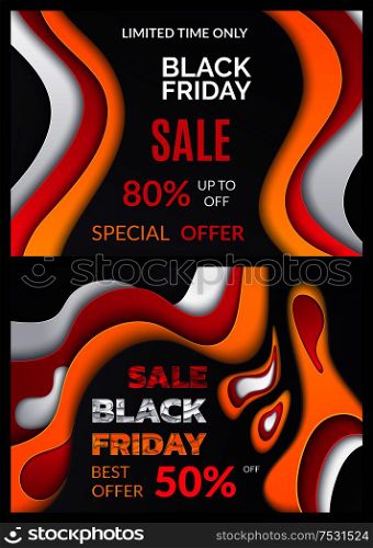 Black friday special discount, percent offer vector. Limited time, reduction half of price, autumn sellout shops. Clearance deal, seasonal bargain. Banners. Black Friday Special Discount, Percent Offer