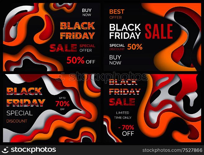 Black friday special offer discounts sales vector. Banners with abstraction, abstract lines and fifty percent of price reduction. Clearance sellouts. Black Friday Special Offer Discounts Sales Set
