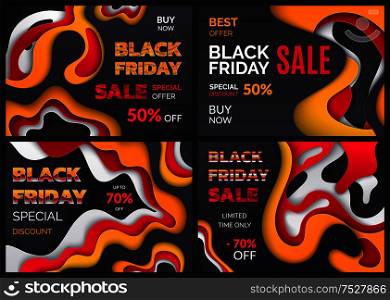 Black friday special offer discounts sales vector. Banners with abstraction, abstract lines and fifty percent of price reduction. Clearance sellouts. Black Friday Special Offer Discounts Sales Set
