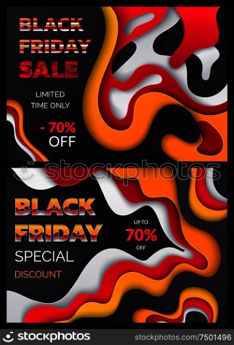 Black friday special sale and promotions discounts set vector. Reduction of price, offering to customers of shops. Proposals to clients, sellouts. Black Friday Special Sale Promotions Discounts Set