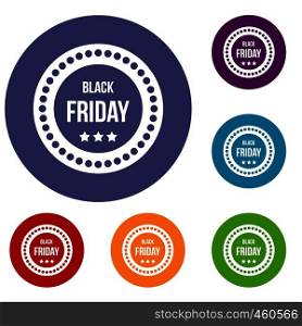 Black Friday sticker icons set in flat circle reb, blue and green color for web. Black Friday sticker icons set