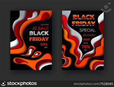 Black Friday super deal only one day, wholesale advert. Flyer, special offer 50 percent off vector template. Blowout of prices, sale up to 50 and 70. Black Friday Blowout of Price Sale Up to 50 and 70
