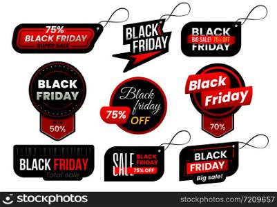 Black friday tag. Market sale tags, shopping sales sign label and promo marketing labels best price save coupon card. Vector 2018 design isolated sign set. Black friday tag. Market sale tags, shopping sales sign label and marketing labels vector design set