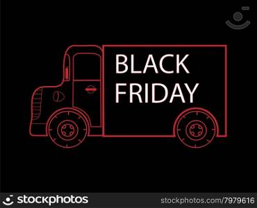 Black Friday truck goods closeout sale. Commercial car silhouette on black background. Black Friday truck goods closeout sale