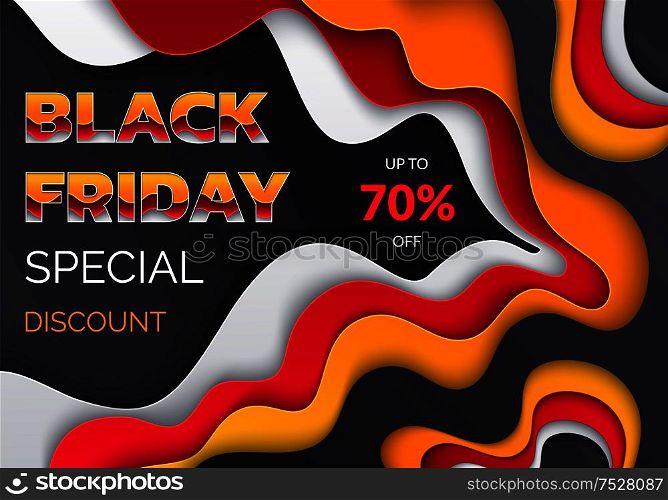 Black Friday vector discount certificate template, blurred lines of red, orange and white. Coupon on clearance, big sale up to 70 percent off, buy now. Big Sale up to 70 Percent Off Vector Discount