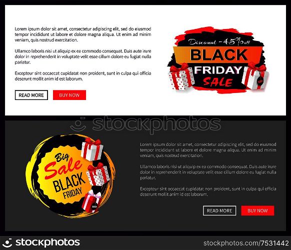 Black Friday wholesale price tags icons decorated by packages on online sites templates. Sale off promo stickers, advertising coupons with gift boxes. Black Friday Sale Promo Sticker Advertising Coupon
