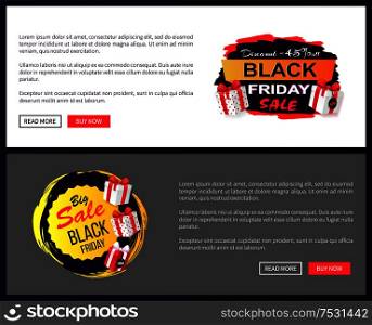 Black Friday wholesale price tags icons decorated by packages on online sites templates. Sale off promo stickers, advertising coupons with gift boxes. Black Friday Sale Promo Sticker Advertising Coupon