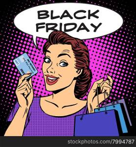 Black Friday woman with business card discounts pop art retro style. Sale buy shopping