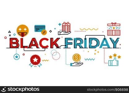 Black friday word lettering illustration with icons for web banner, flyer, landing page, presentation, book cover, article, etc.