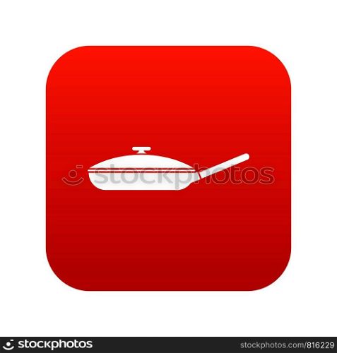 Black frying pan with white lid icon digital red for any design isolated on white vector illustration. Black frying pan icon digital red