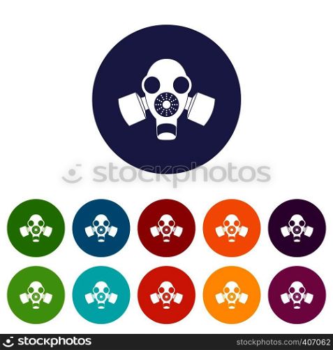 Black gas mask set icons in different colors isolated on white background. Black gas mask set icons