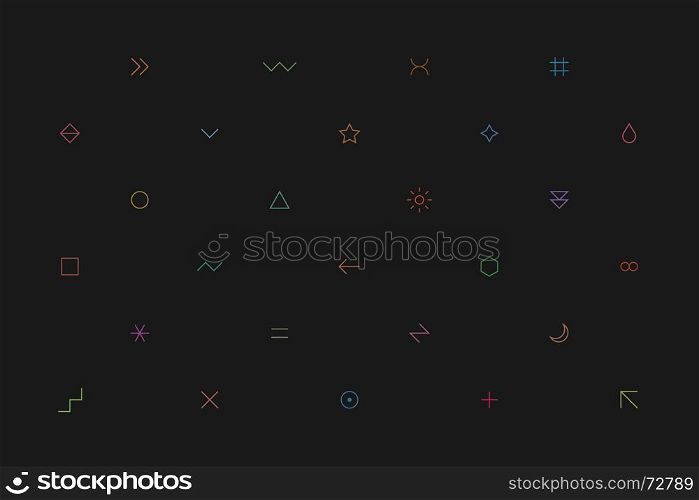 Black geometric pattern with color simple signs. Geometric pattern with different simple signs in thin style. Dark gray horizontal background. Yellow, orange, red, brown, green, blue, purple, violet colors. Web design element in vector 8 EPS