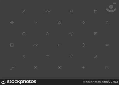 Black geometric pattern with gray simple signs. Geometric pattern with different simple signs in thin style. Gray horizontal background. Web design element save in vector illustration 8 EPS