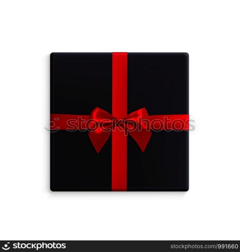 Black gift box with red ribbon and bow. Vector illustration with isolated design elements