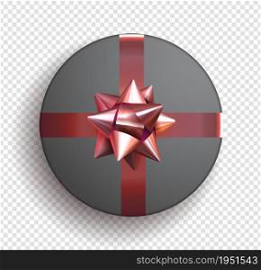 Black gift circle box with ribbon. Gift template design 3d vector.. Black gift circle box with ribbon. Gift box bow design 3d vector. Vector illustration EPS 10.