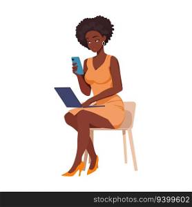 black girl businesswoman or freelancer looking at her laptop and her smartphone.. black girl businesswoman looking at laptop and smartphone