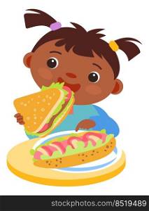 Black girl eats sandwiches. Cute kid with food plate isolated on white background. Black girl eats sandwiches. Cute kid with food plate