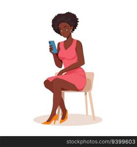 Black girl holding and looking at her phone, chatting, businesswoman or freelancer.Vector illustration.. black girl looking at her phone
