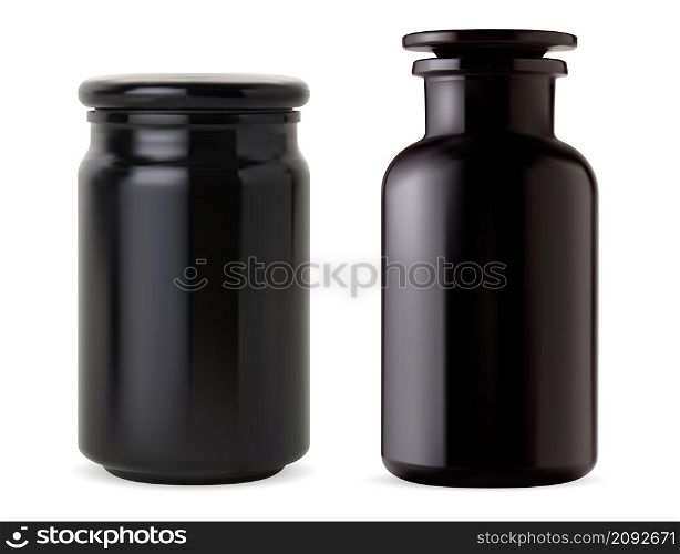 Black glass apothecary bottle. Bath salt jar, glossy vintage flask. Aroma candle round container mockup. Retro laboratory vial, elegant supplement. barber product bottle. Black glass apothecary bottle. Bath salt jar