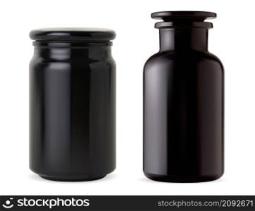 Black glass apothecary bottle. Bath salt jar, glossy vintage flask. Aroma candle round container mockup. Retro laboratory vial, elegant supplement. barber product bottle. Black glass apothecary bottle. Bath salt jar