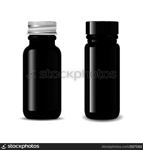 Black glass cosmetic bottles mockup set with black glossy and metallic lids. Pharmacy package for medical products. High quality eps10 vector illustration.. Black glass cosmetic bottles mockup set