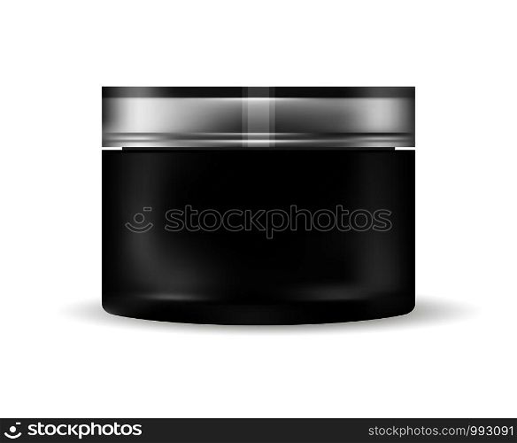 Black glass cream jar isolated on white background. Cosmetic plastic bottle for cream, gel with lid. Beauty product package, HQ vector illustration.. Black glass cream jar isolated on white background