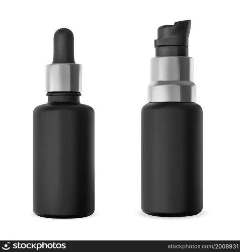 Black glass dropper bottle. Airless pump serum bottle mock up. Foundation lotion product flask. Essential oil eyedropper vial, silver cap package. Natural treatment tincture flask. Black glass dropper bottle. Airless pump serum bottle
