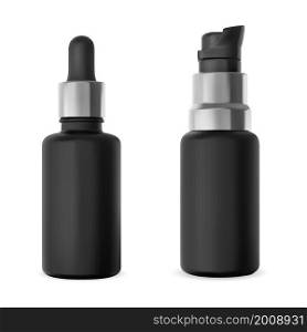 Black glass dropper bottle. Airless pump serum bottle mock up. Foundation lotion product flask. Essential oil eyedropper vial, silver cap package. Natural treatment tincture flask. Black glass dropper bottle. Airless pump serum bottle