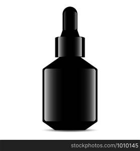 Black Glass Dropper Bottle. Luxury Medical Aroma Oil Vial. Serum Container Cylinder with Eye Drop. Vector Mock Up Isolated on White Background. Realistic Beauty Flask For Face Hygiene.. Black Glass Dropper Bottle. Medical Vial Container