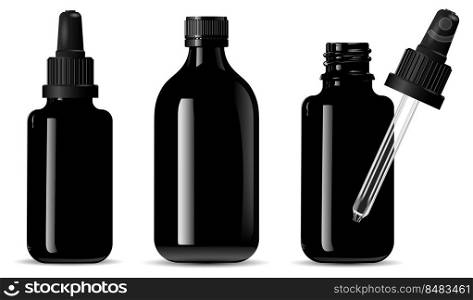 Black glass dropper bottle mockup. Isolated medical bottle with pharmacy syrup. Liquid serum essence jar with pipette. Organic beauty tincture eyedropper flask. Essential oil glass bottle. Black glass dropper bottle mockup. Isolated medical bottle