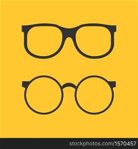 Black glasses icon for eye on yellow background. Flat circle specs isolated. Fashion optical accessory for face. Silhouette eyeglasses in retro style. Design round sunglasses. vector. Black glasses icon for eye on yellow background. Flat circle specs isolated. Fashion optical accessory for face. Silhouette eyeglasses in retro style. Design round sunglasses. vector.