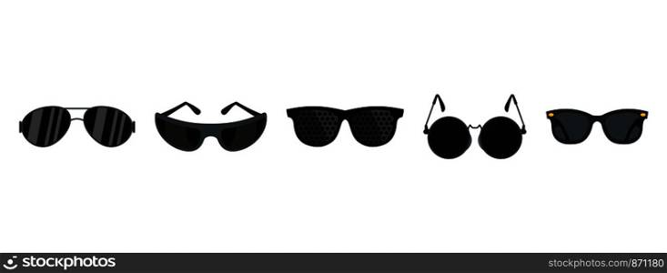 Black glasses icon set. Flat set of black glasses vector icons for web design isolated on white background. Black glasses icon set, flat style
