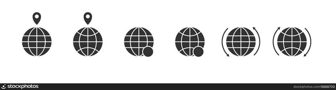 Black globe icons. World international earth globe icon set. Linear style. Vector illustration