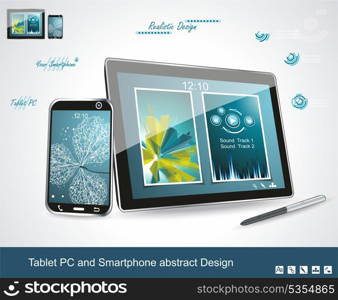 Black glossy tablet PC and touchscreen smartphone isolated on white reflective background