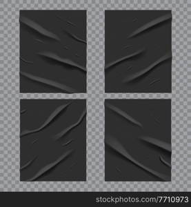 Black glued wet posters with wrinkled and crumpled paper texture, vector. Black posters glued with wrinkles, adhesive paper with glue effect on wall background, realistic folds and crumples. Black glued wet posters. Crumpled paper texture