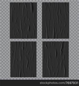 Black glued wet posters, wrinkled and crumpled paper texture. Vector creased rectangular sheets with corrugation isolated on transparent background, blank mockup for ads design. Realistic 3d set. Black glued wet posters, wrinkled paper texture