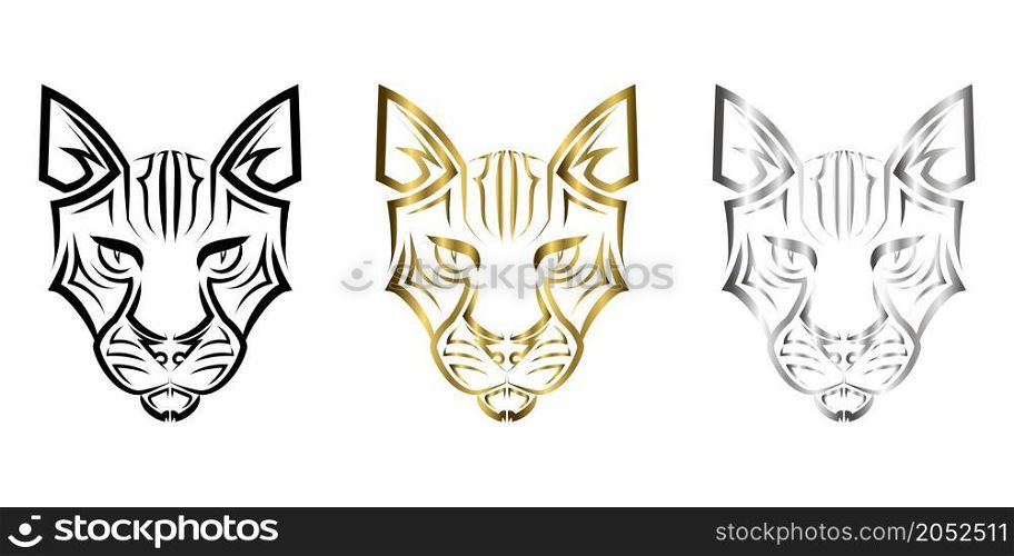 Black gold and silver line art of cat head. Good use for symbol, mascot, icon, avatar, tattoo, T Shirt design, logo or any design you want.