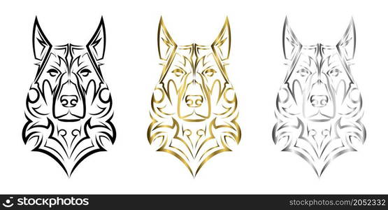 Black gold and silver line art of german shepherd dog head. Good use for symbol, mascot, icon, avatar, tattoo, T Shirt design, logo or any design you want.