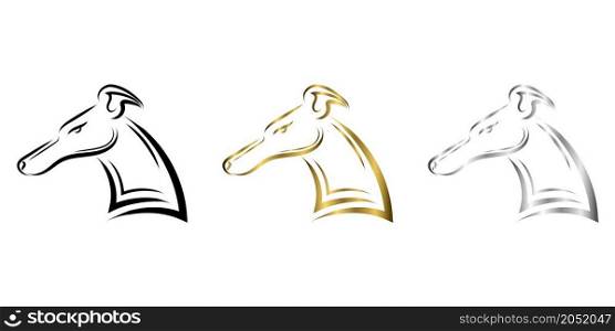 Black gold and silver line art of Greyhound dog head. Good use for symbol, mascot, icon, avatar, tattoo, T Shirt design, logo or any design.