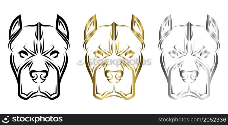 Black gold and silver line art of pitbull dog head. Good use for symbol, mascot, icon, avatar, tattoo, T Shirt design, logo or any design you want.