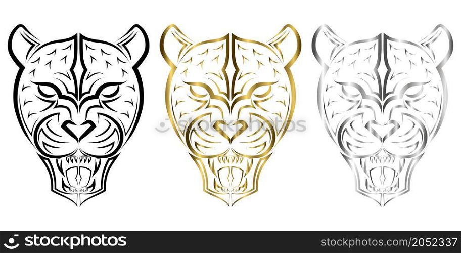 Black gold and silver line art of Roaring Leopard head. Good use for symbol, mascot, icon, avatar, tattoo, T Shirt design, logo or any design you want.