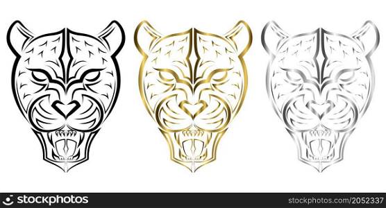 Black gold and silver line art of Roaring Leopard head. Good use for symbol, mascot, icon, avatar, tattoo, T Shirt design, logo or any design you want.