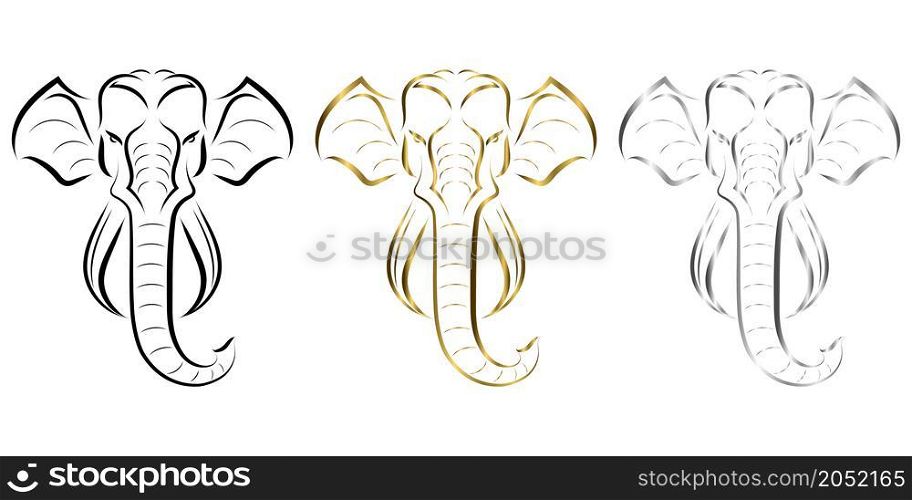 Black gold and silver line art of the front of the elephant's head. Good use for symbol, mascot, icon, avatar, tattoo, T Shirt design, logo or any design you want.