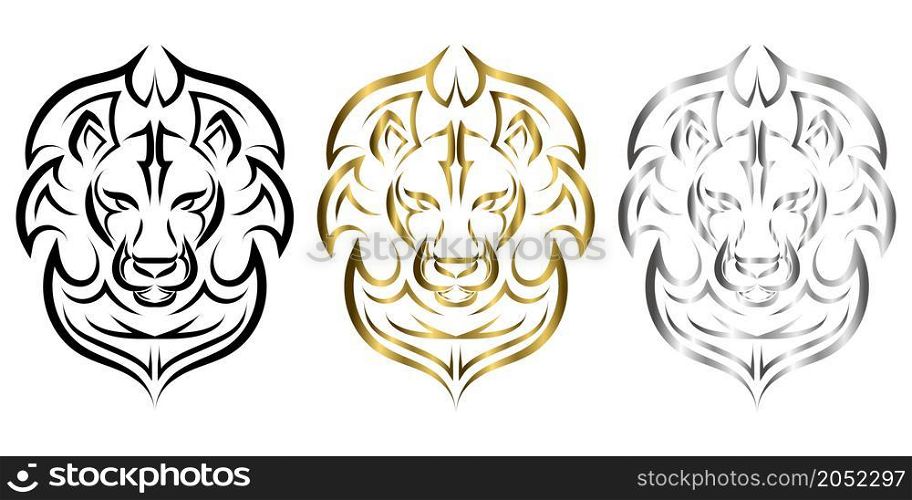Black gold and silver line art of the front of the lion's head. It is sign of leo zodiac. Good use for symbol, mascot, icon, avatar, tattoo, T Shirt design, logo or any design you want.