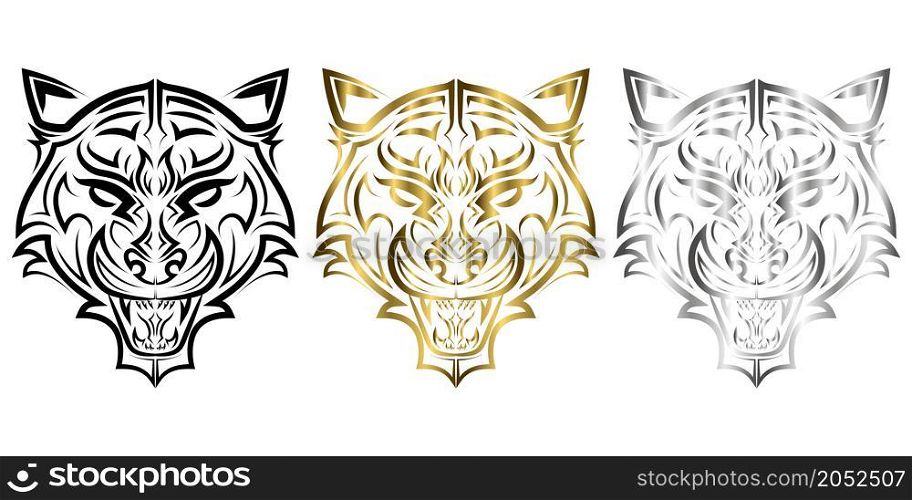 Black gold and silver line art of tiger head. Good use for symbol, mascot, icon, avatar, tattoo, T Shirt design, logo or any design you want.
