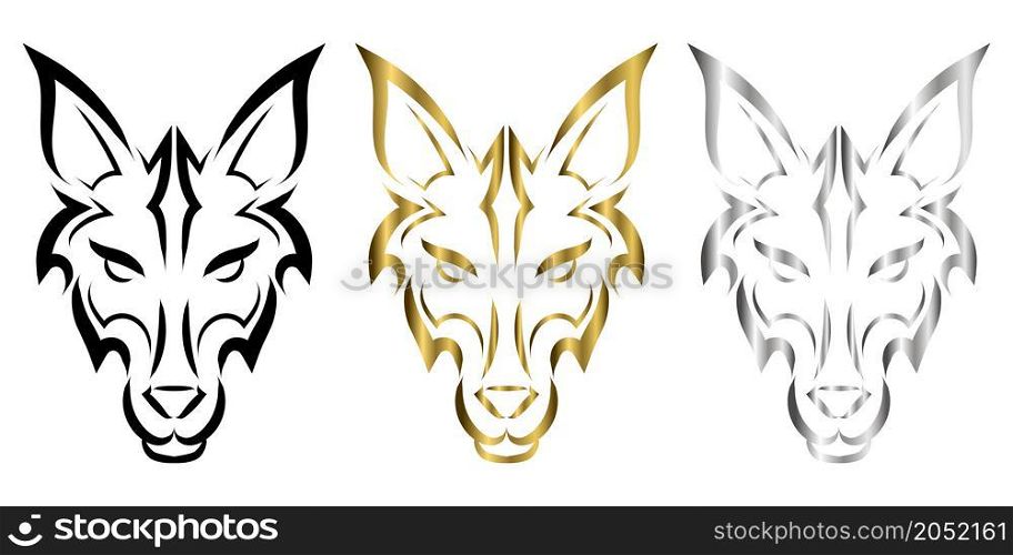Black gold and silver line art of wolf head. Good use for symbol, mascot, icon, avatar, tattoo, T Shirt design, logo or any design you want.